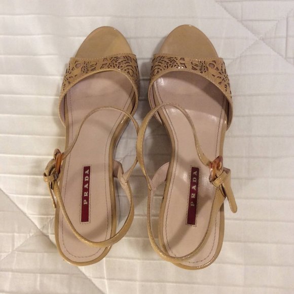 Prada Cutout Patent Leather Wedge Sandals - Picture 2 of 10